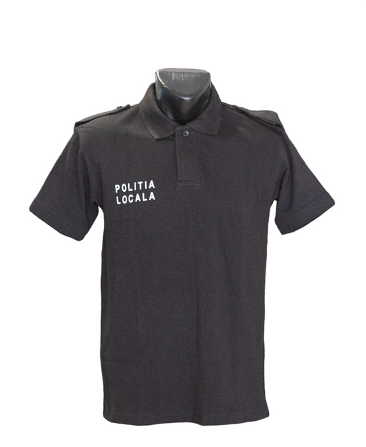 Black polo shirt with short sleeves and epaulettes for LOCAL POLICE