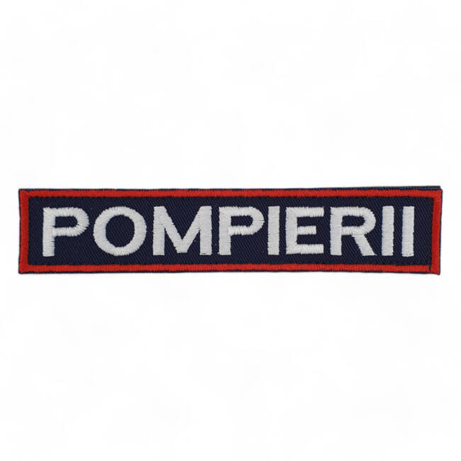 Ecuson POMPIERII piept cu contur rosu - aplicare prin coasere - 10x2,5 cm