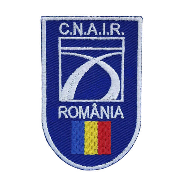 Emblema C.N.A.I.R. brodata pe suport albastru royal, cu aplicare termica - 10x6,5 cm