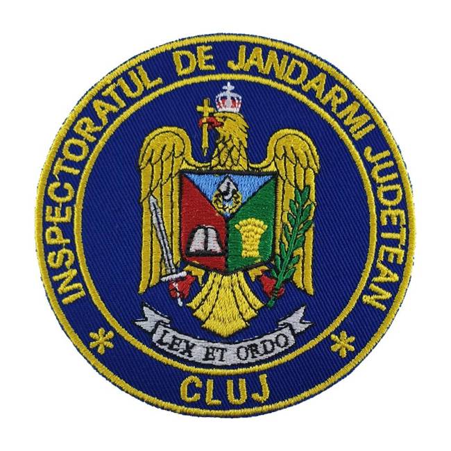 Emblema maneca Inspectoratul Judetean de Jandarmi Cluj, emblema IJJ CLUJ, cu aplicare Velcro (cu scai)