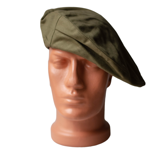 PCR PATRIOTIC GUARDS BERET - ROMANIAN AUTHENTIC MILITARY SURPLUS - OLIVE GREEN WITH BROWN/BLACK BAND - IN GOOD CONDITION