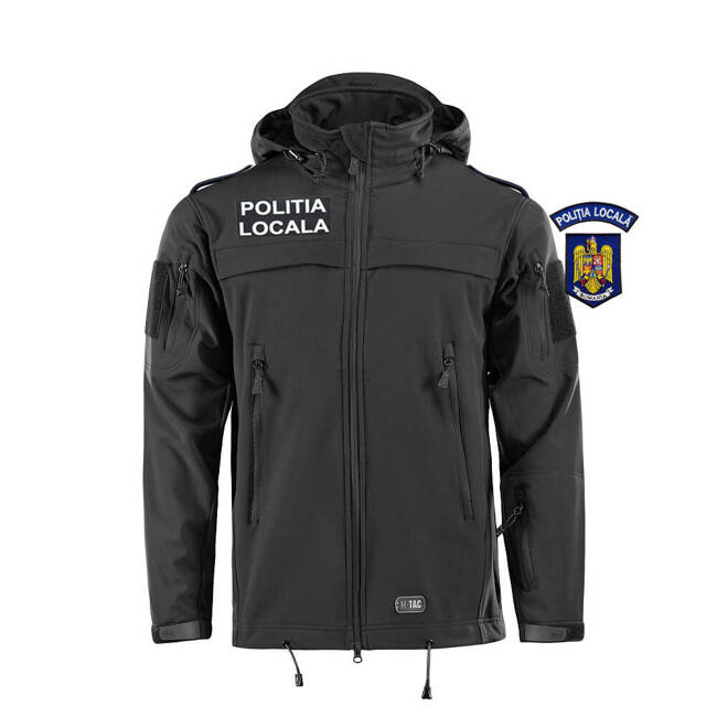 POLICE SOFTSHELL JACKET, BLACK - M-TAC - WITH EMBLEMS - LOCAL POLICE