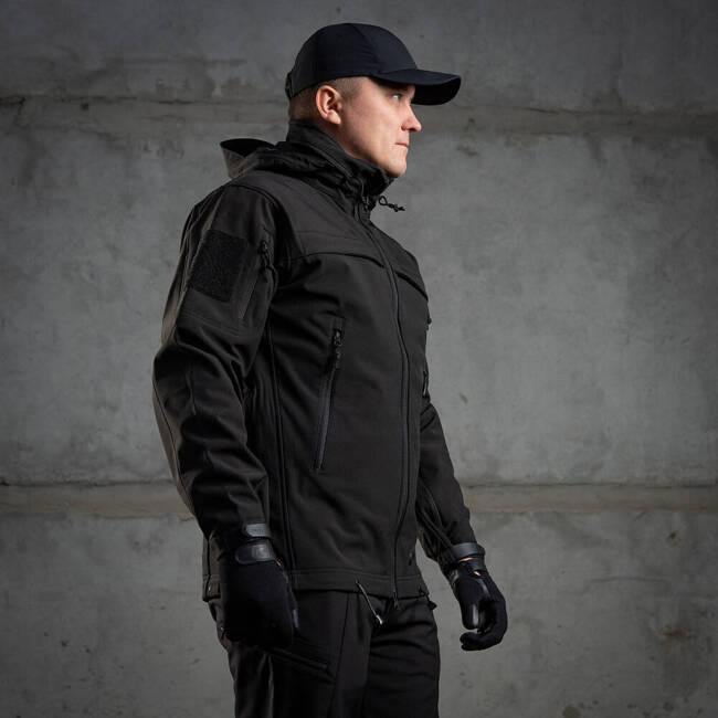 POLICE SOFTSHELL JACKET, BLACK - M-TAC - WITH EMBLEMS - LOCAL POLICE