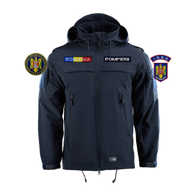 POLICE SOFTSHELL JACKET, DARK NAVY BLUE - M-TAC - WITH EMBLEMS - FIREFIGHTERS IGSU/DSU