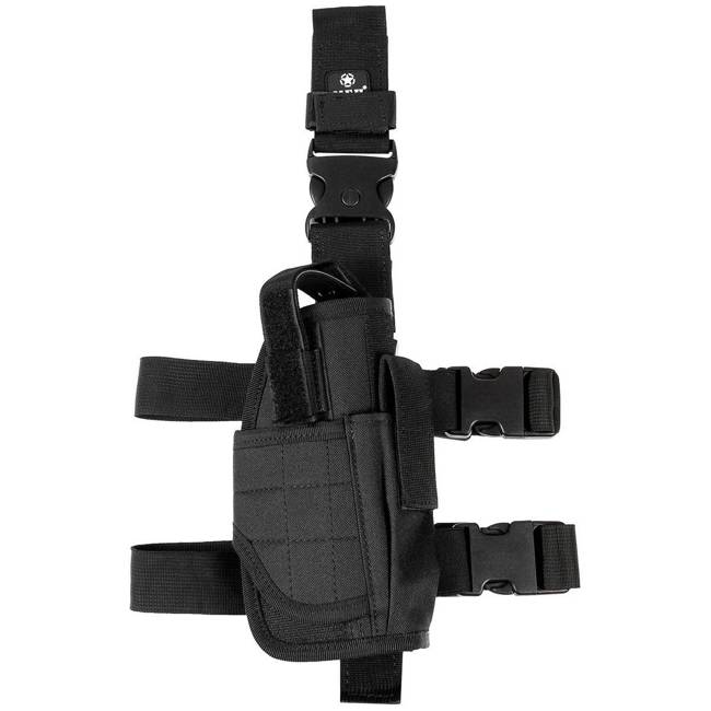 Pistol holster, right thigh, adjustable, black 