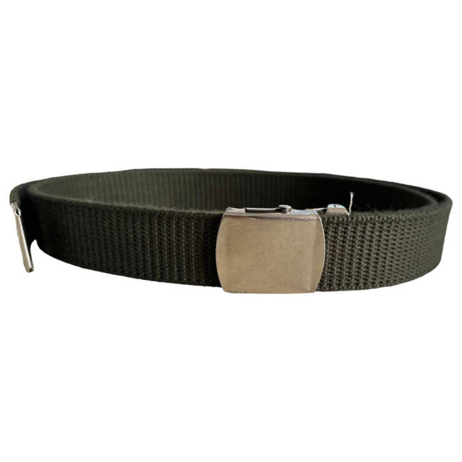 TEXTILE BELT WITH METAL BUCKLE - 110-130 x 3 CM - ROMANIAN ARMY MILITARY SURPLUS - OD GREEN - LIKE NEW