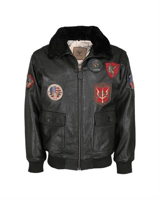 TOP GUN LEATHER FLIGHT JACKET - WITH FUR COLLAR - BLACK - MIL-TEC 