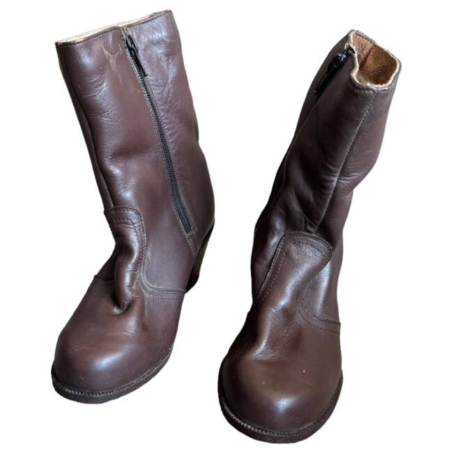 WOMEN'S LEATHER BOOTS WITH ZIPPER AND THICK HEEL - BROWN - ROMANIAN ARMY MILITARY SURPLUS - IN GOOD CONDITION