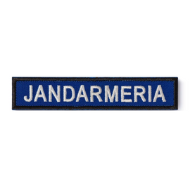Ecuson "JANDARMERIA" piept, pe suport albastru royal și aplicare prin coasere - 12,5x2,5 cm