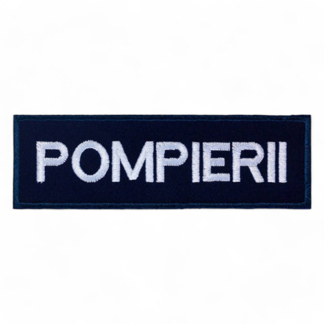 Ecuson POMPIERII piept cu contur bleumarin - aplicare Velcro (cu scai) - 10x2,5 cm