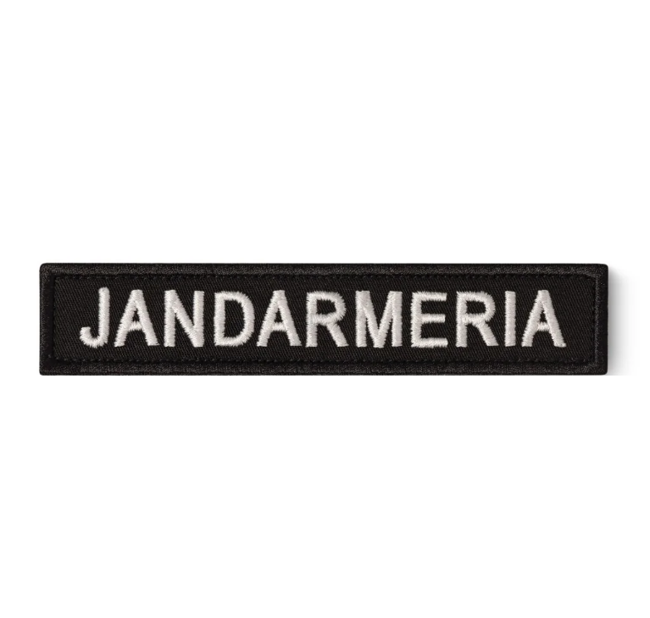 Ecuson "JANDARMERIA" piept, pe suport negru și aplicare Velcro (cu scai) - 12,5x2,5 cm