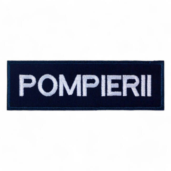 Ecuson POMPIERII piept cu contur bleumarin - aplicare Velcro (cu scai) - 12,5x2,5 cm