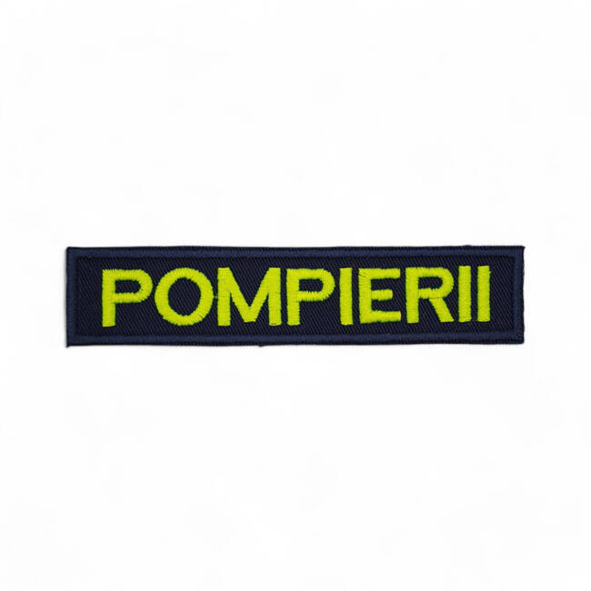 Ecuson POMPIERII piept cu text vernil fluorescent si contur rosu - aplicare Velcro (cu scai)- 12,5x2,5 cm