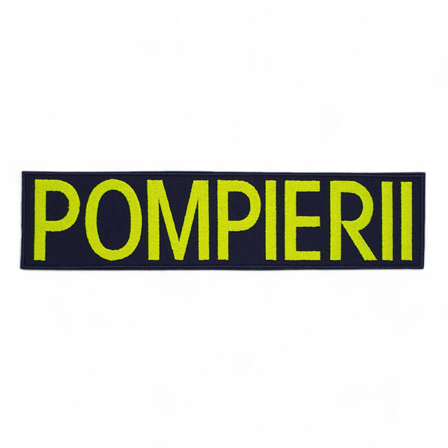 Emblema spate - POMPIERII - brodata pe suport albastru inchis (navy) cu contur bleumarin si text vernil fluorescent - aplicare termica - 28x10 cm