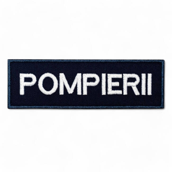 Emblema spate - POMPIERII - brodata pe suport negru cu contur bleumarin si text vernil fluorescent - aplicare termica - 20x5 cm