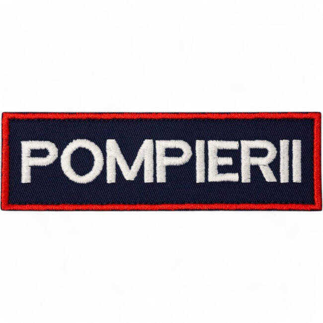 Emblema spate - POMPIERII - brodata pe suport negru cu contur rosu si text alb - aplicare Velcro (cu scai) - 20x5 cm